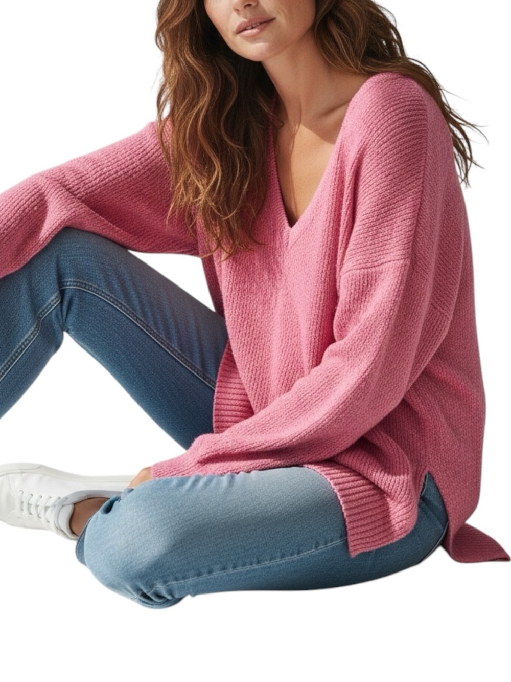 FREE PEOPLE Cozy V-Neck Oversized Relaxed Fit Knit Sweater in Coral Pink Size XS